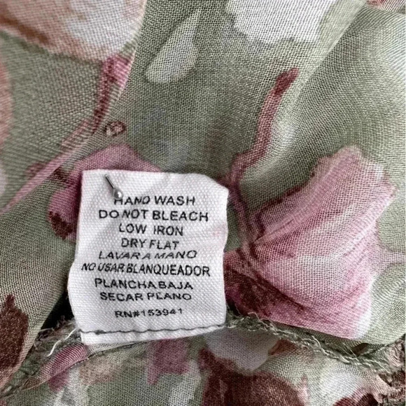 Timing Sheer Olive Green Floral Tie Front Blouse 3/4 Sleeves Lace Accent Size M - Picture 5 of 8